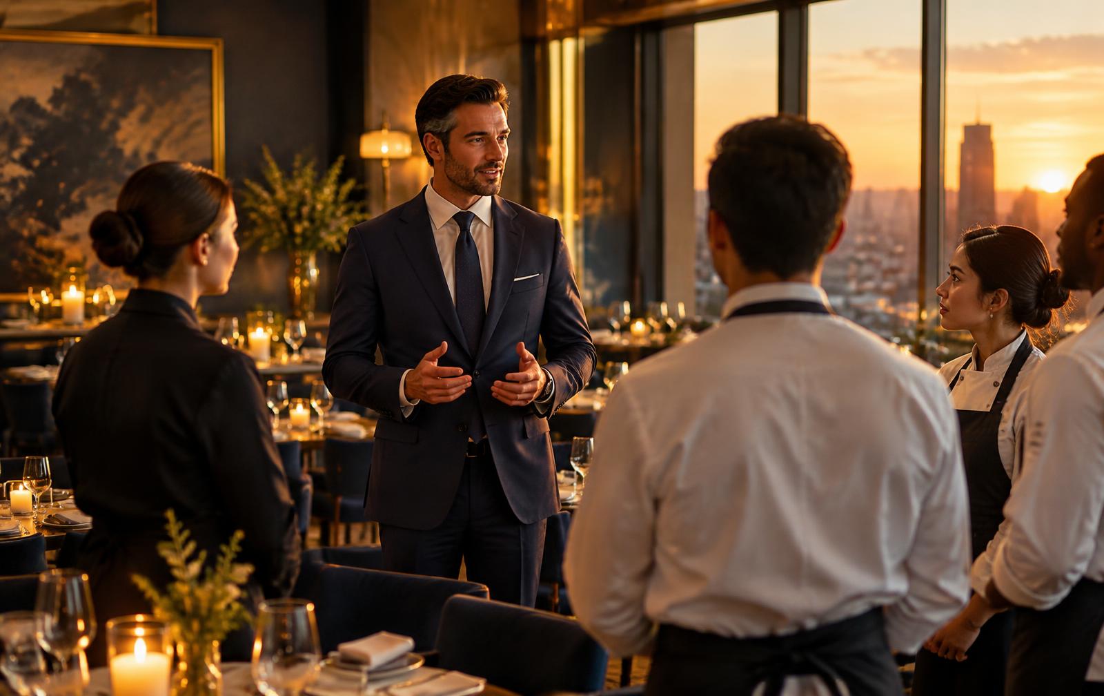 Restaurant manager leading a pre-shift meeting with her team